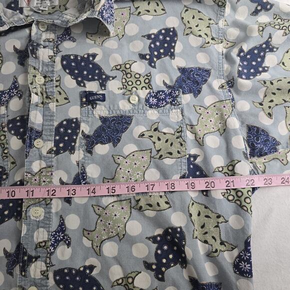 Guess Blue Fish Polka Dot Button Up VTG Shirt Med USA Travel Camp Vacation Retro - Picture 4 of 8